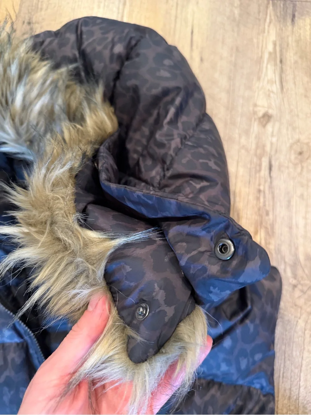 Coach Leopard Brown Quilted Vest with Faux Fur  Hood Large